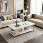 Rectangular 3-Tier Marble Center Table – Open Storage Shelf & Gold Iron Frame