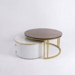 The Aurelia Luxe Dual-Tier Drum Centerpiece – Walnut & Ribbed White Marble Storage