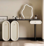 The Bloom Modern Curved Vanity Set – Round Mirror Dressing Table with Storage Chest & Stool - Image 2