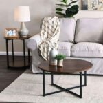 The Apex Modern Round Wooden Center Table – Dark Walnut & Matte Black Metal X-Base Coffee Table
