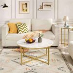 The Aurelia Modern Round Center Table – White Marble Top & Gold Metal Cross-Base Coffee Table
