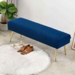 Modern 3-Seater Velvet Bed Bench – Royal Blue Channel Tufted Ottoman with Tapered Gold Metal Legs
