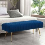 Modern 3-Seater Velvet Bed Bench – Royal Blue Channel Tufted Ottoman with Tapered Gold Metal Legs - Image 2