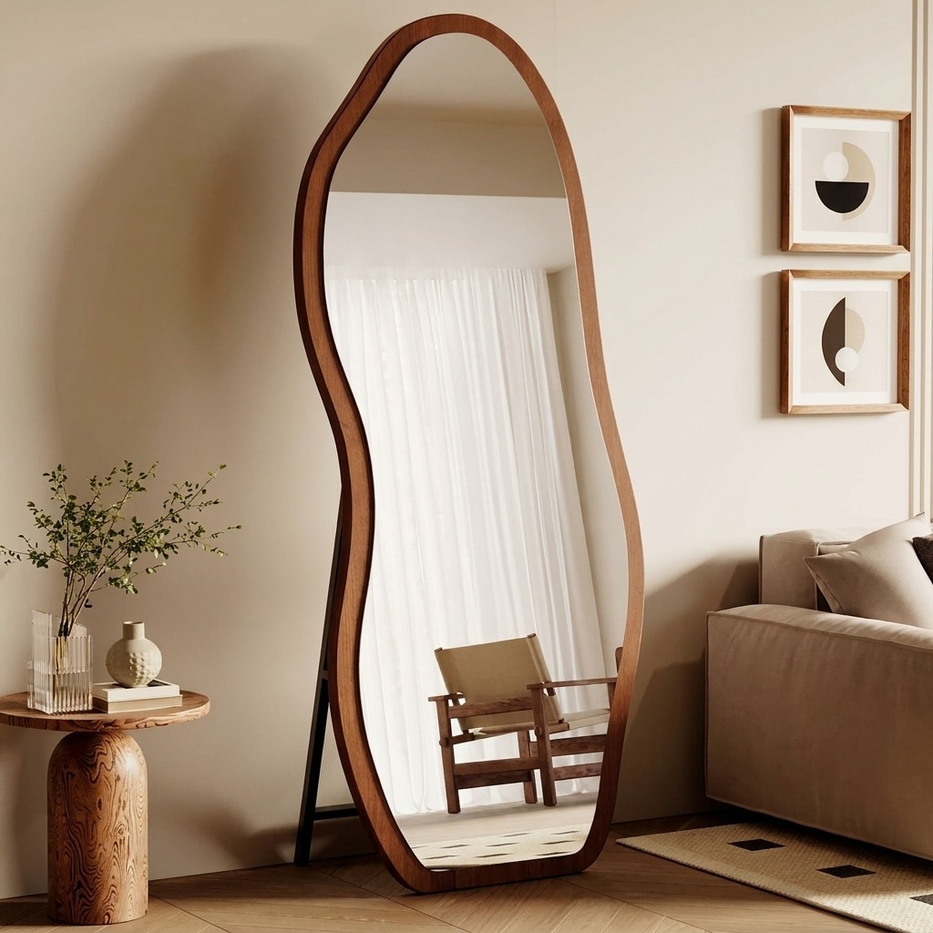 curved wooden mirror