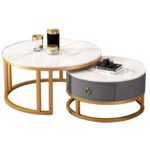 The Tangula Modern 2-Piece Nesting Center Table Set – White Marble Top & Gold Metal Coffee Table with Storage Drawer - Image 3