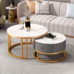 The Tangula Modern 2-Piece Nesting Center Table Set – White Marble Top & Gold Metal Coffee Table with Storage Drawer
