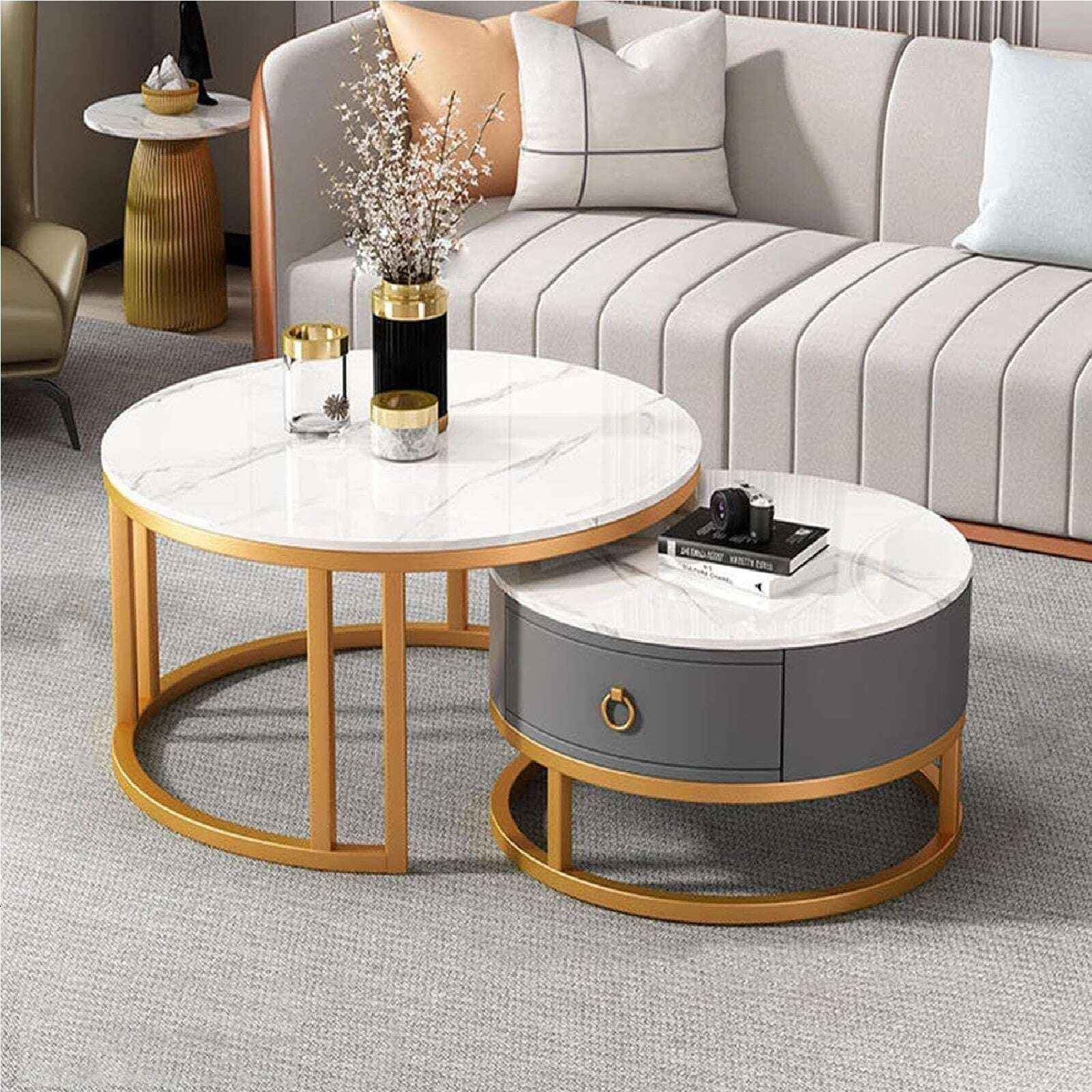 tangula-modern-living-room-table-lounge-nesting-tables-home-virsa-jwV The Tangula Modern 2-Piece Nesting Center Table Set – White Marble Top & Gold Metal Coffee Table with Storage Drawer - Image 1